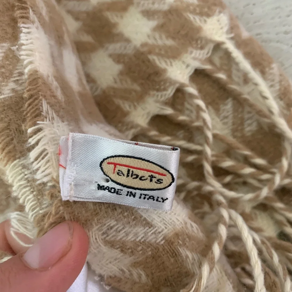 Talbots Houndstooth Wool Blend Scarf Tan Cream Made in Italy Fringe Trim